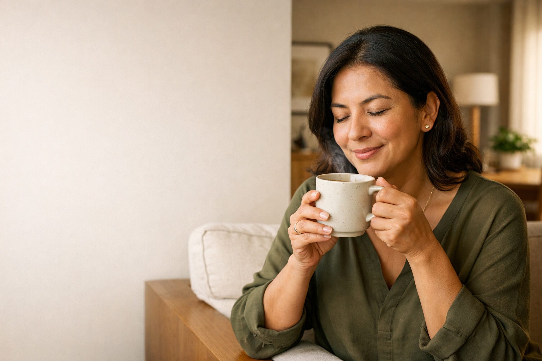 Mujer disfrutando una taza de café peruano de especialidad en casa